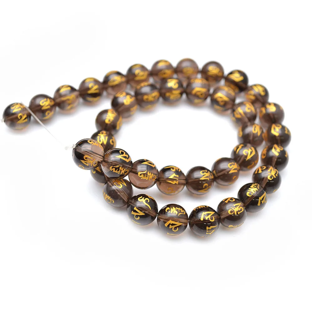 

Carved Gold Color Words Om Mani Padme Hum Natural Smoky Quartz Round Beads