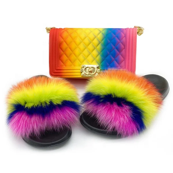 

2020 factory sale colorful jelly handbags purse bag and luxury fur slides slipper two piece set for women, Multi