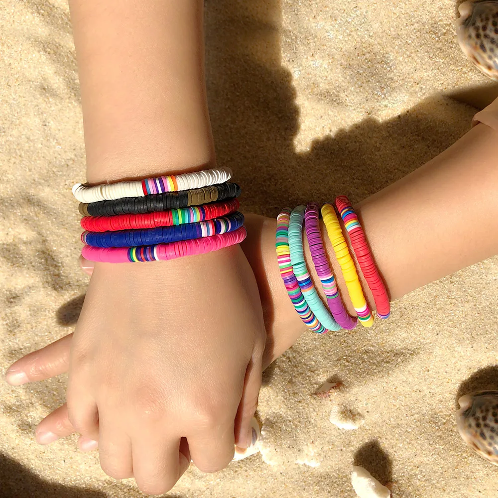 

Bohemian Ethnic Handmade 6mm Round Polymer Clay Disc Strand Bracelet Elastic Colorful Polymer Clay Beaded Bracelets