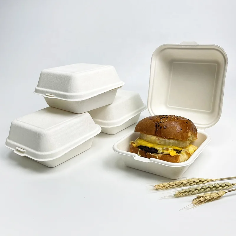 

6x6 inch clamshell box disposable sugarcane lunch box food bagasse container biodegradable compostable takeaway hamburger box