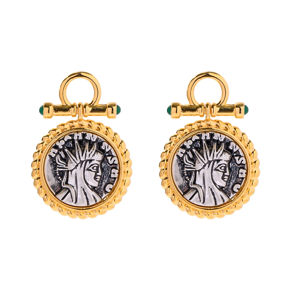 

New Trend 18K Gold Plated Brass Round Ancient Coin Greek Goddess Signet Drop Earrings for Women