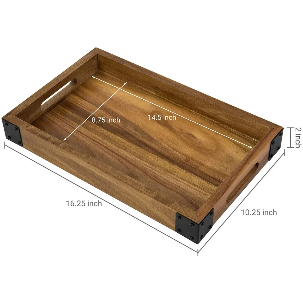 PHOTA Solid Wood Serving Tray with Black Industrial Metal Wraps & Cutout Handles