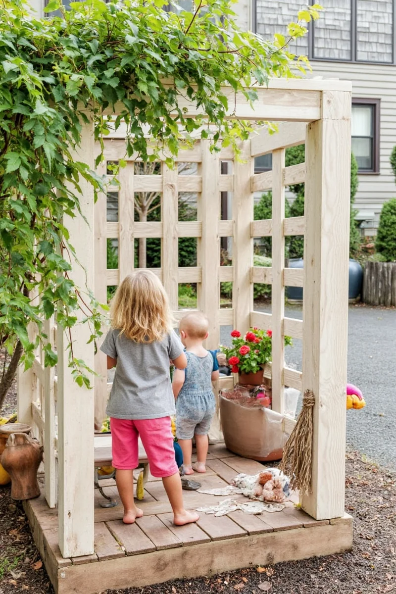 Family-friendly home decor with small wooden trellis