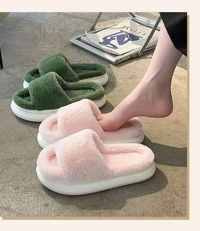 

2021 Fall New Fashion Outer Wear Furry Slippers Women's All-match Flat Shoes Slippers, Black and pink,green,wine red