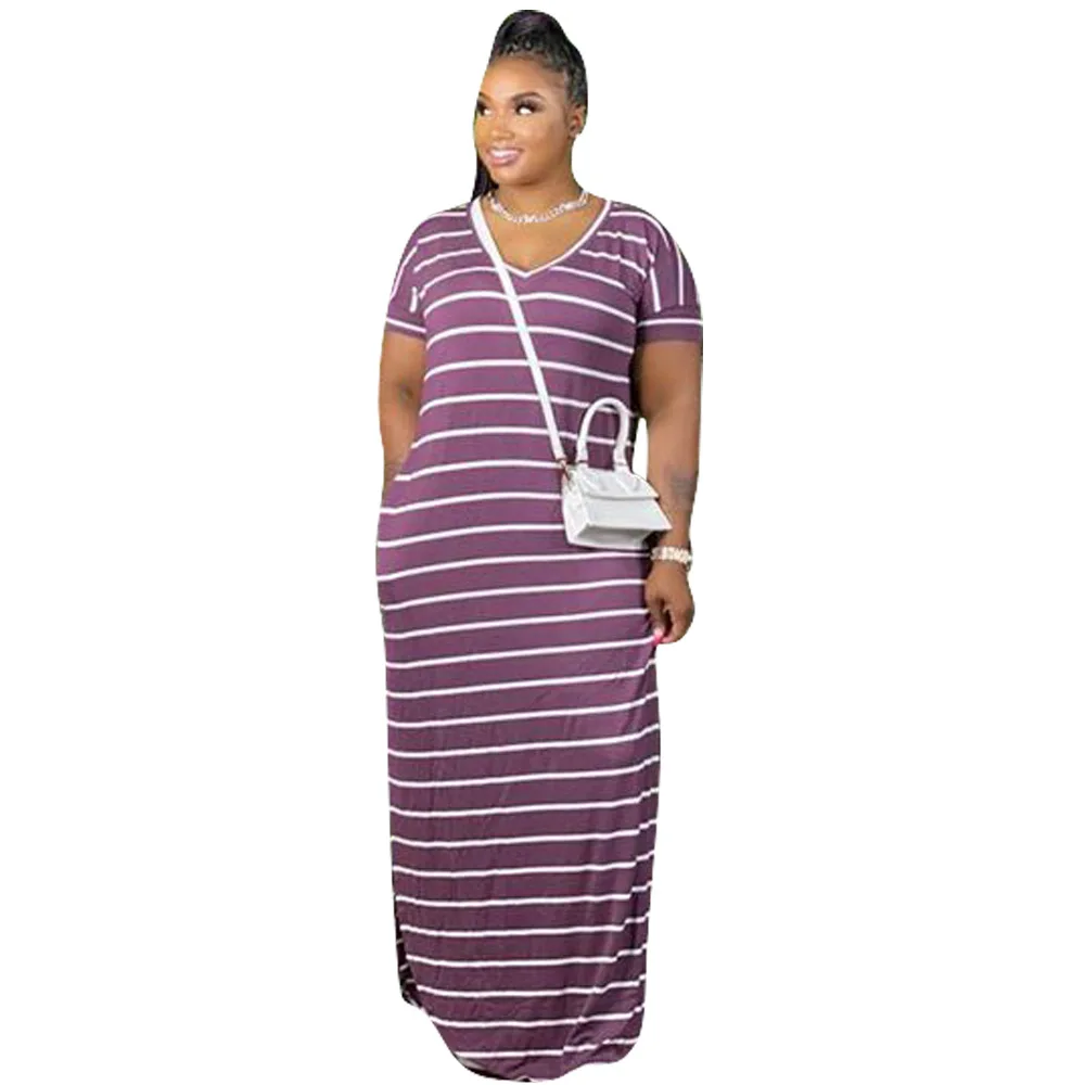 

Over Size New Style Women's Trending Fashion Stripe Design Sexy Dew Shoulder Side Split Long Dress Loose New Casual Dresses, Shown