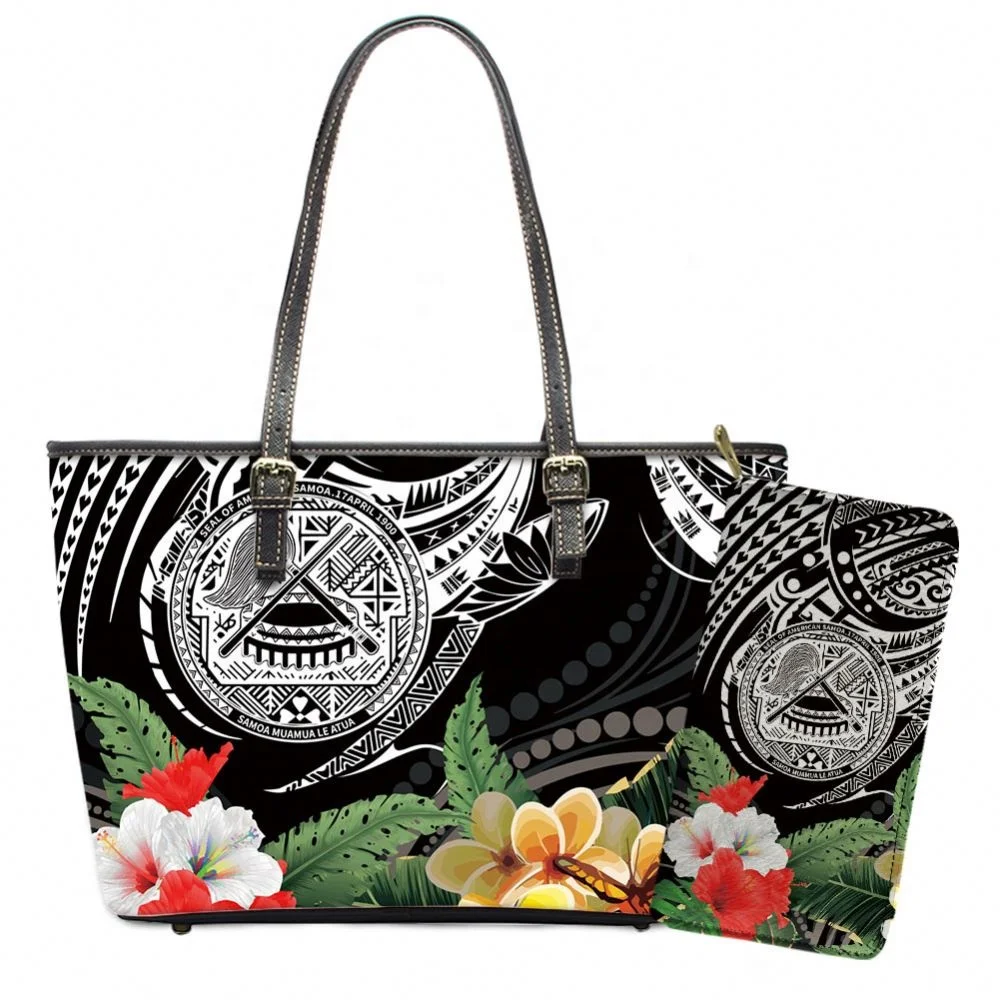 

American Samoa Women Handbags Set Tribal Plumeria Floral With Seal Pattern Casual Shoulder Bag Top Handle Satchel Purse Set 2pcs, Accept custom made