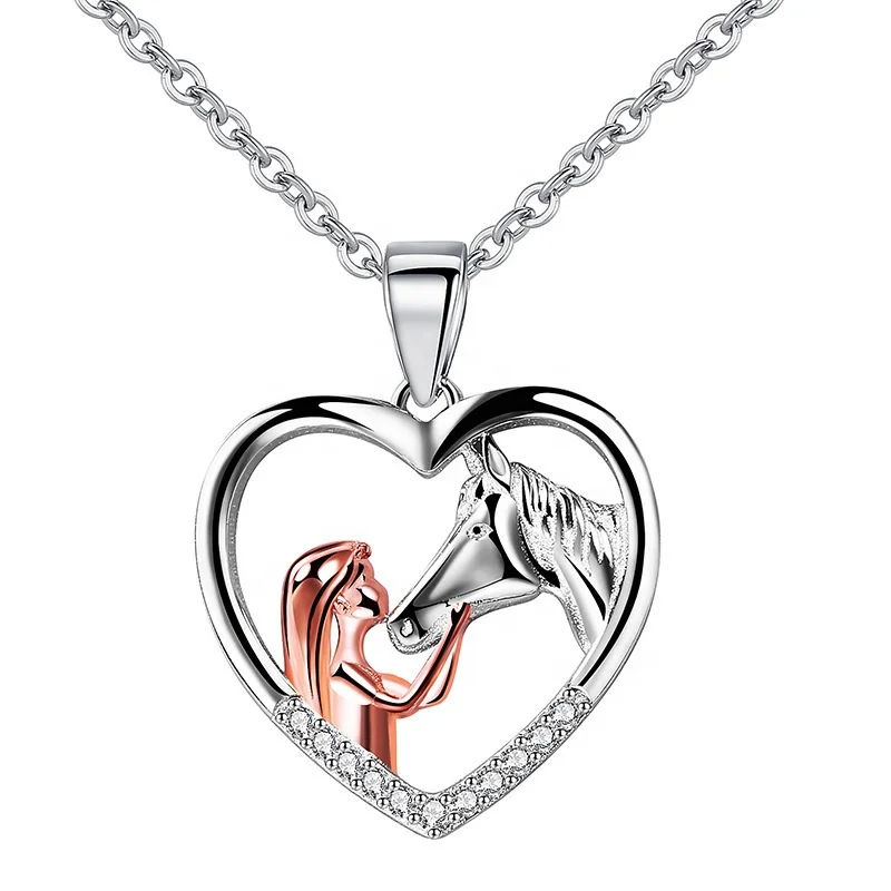 

Fashion Horse Pendant Necklace Mother Gift Necklace Jewelry Silver Plated Pave Zircon Heart Shape Girl with Horse Necklace Women