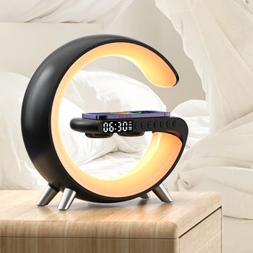 

2024 New Wake Up Light G-shape Atmosphere LED Night Light BT Speaker Music Lamp Sunrise Wake Up Clock with Multi-functions