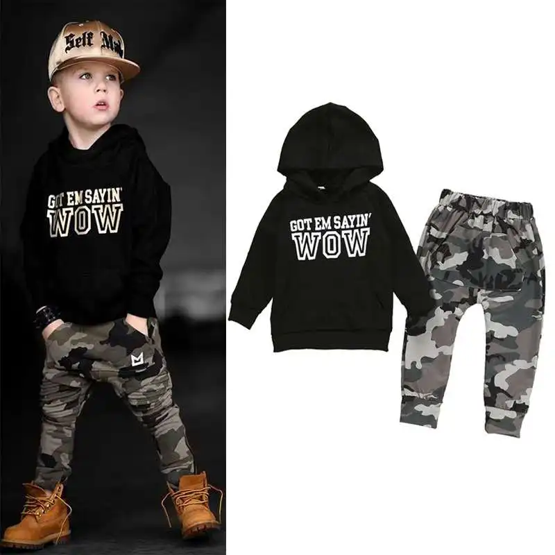 

High Quality Boys Spring Hooded Sweatshirts And Camouflage Pants 2 Piece Clothing Sets Kids Clothes, As picture