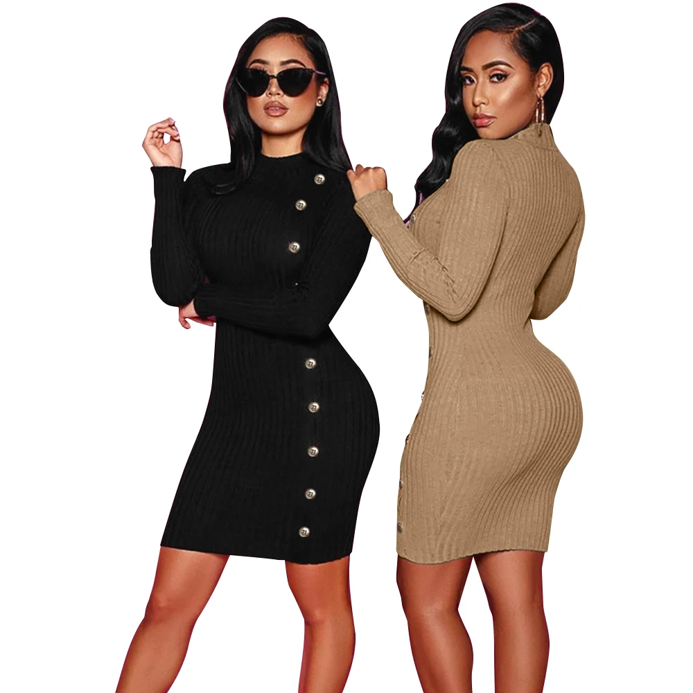 

Sexy fashion pure color rib fabric side buttons casual Bodycon Dresses Women Lady