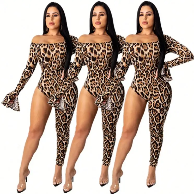 10AF239 2020 fashion off shoulder one leg leopard Trendy Rompers Sexy Jumpsuits For Woman 2020