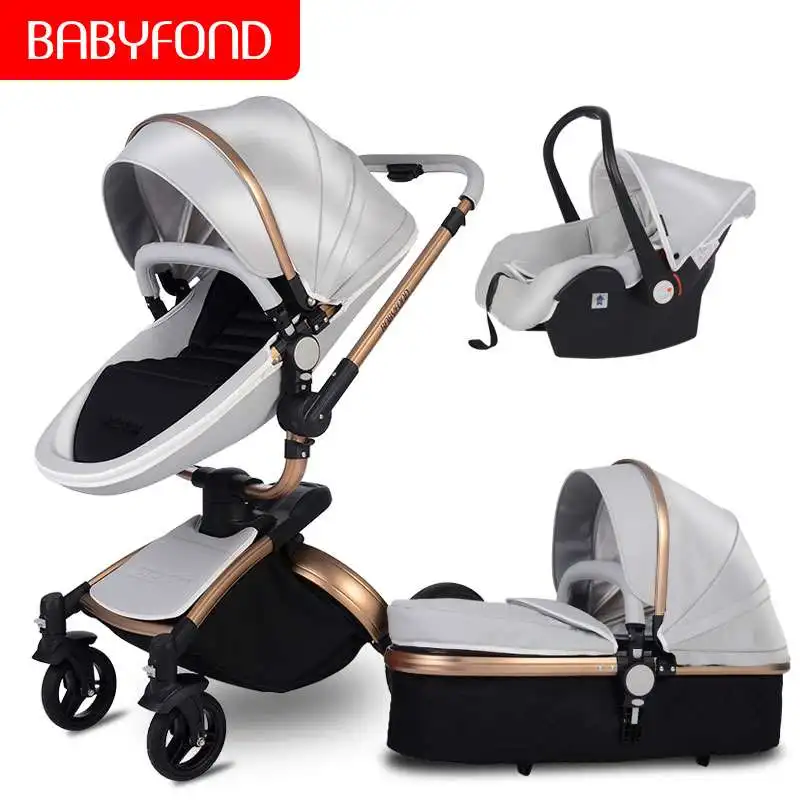 Baby Carriage Luxury Two-way Leather Shock Absorption Portable Folding Pram 3 in 1 Baby Stroller