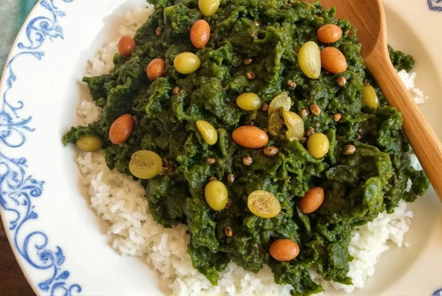 Cooking collard greens in a pot with spices