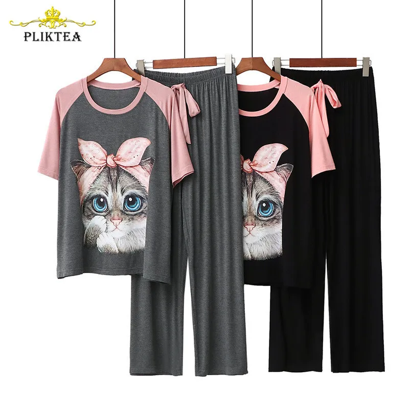 

Kawaii Casual Cartoon Print Women's 2 Piece Set Modal Homewear Loose Cute Atoff Home Cloth Suit Female Pajamas Set Sleepwear, Pink apricot black white purple