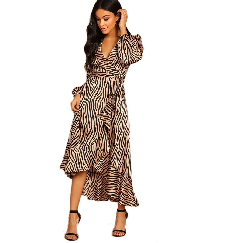 

Wrap Animal Zebra Print Belted Mid Waist Dress Women Autumn Deep V Neck Long Sleeve Striped Dress