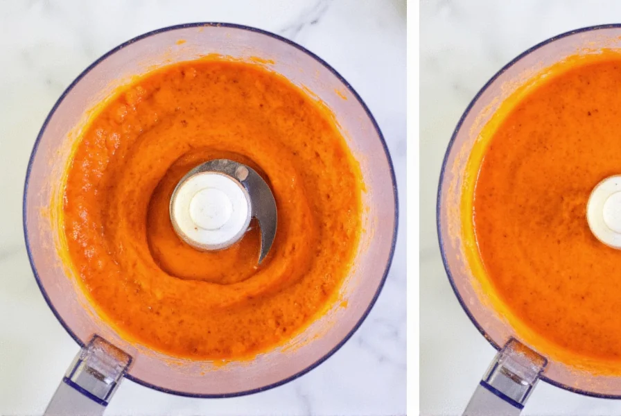 Step-by-step preparation of roasted red pepper hummus showing smooth texture in food processor
