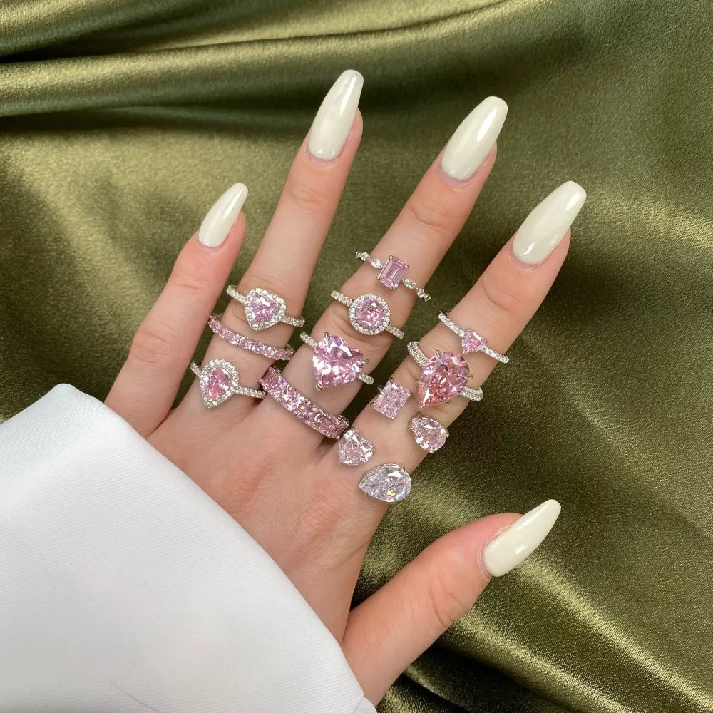 Luxury Jewelry Silver Plated Cluster Rings for Women Cute Heart Shape Pink Zircon Engagement Rings