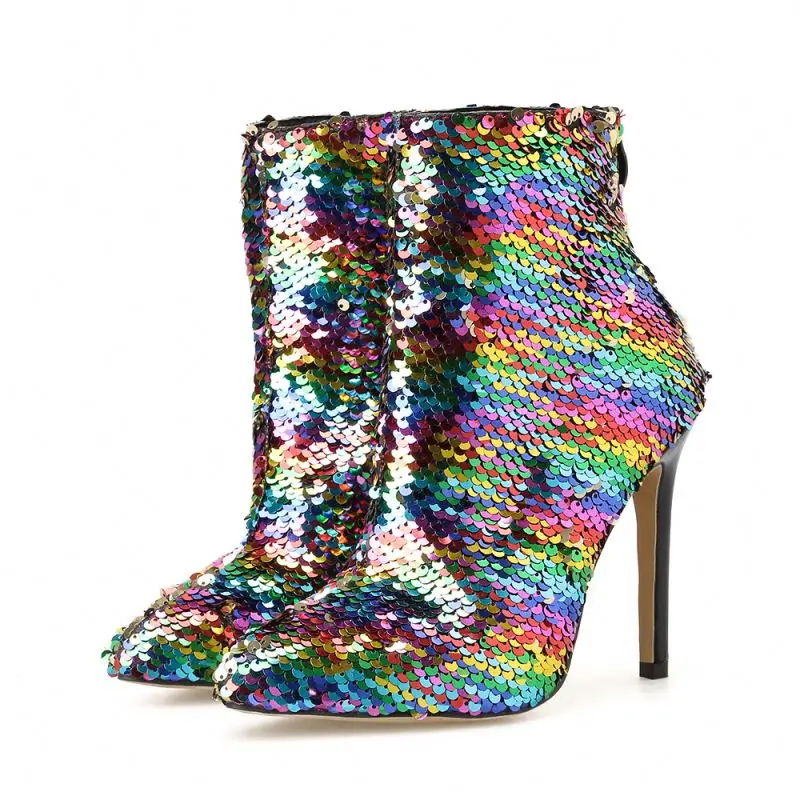 

New Western Glistening Shiny Sequin Thin Womens Ankle High Heel Boots, Picture shown