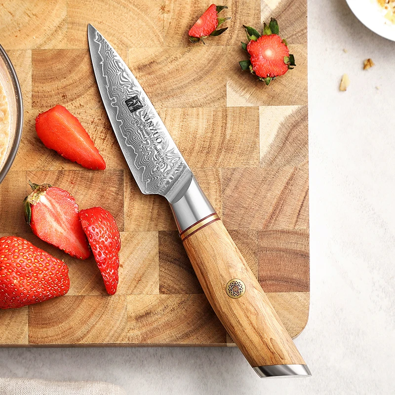 

Newest Products 3.5 inch Damascus Steel 73 Layers Powder Steel Olive Wood Handle Kitchen Fruit Paring Knife