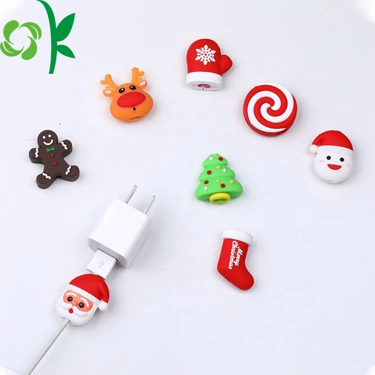 

OKSILICONE Hot Selling 3D Christmas Design Silicone Charger Cable Protectors For Prevent Breakage USB Charger Cable Bite Saver, As picture shown/customized