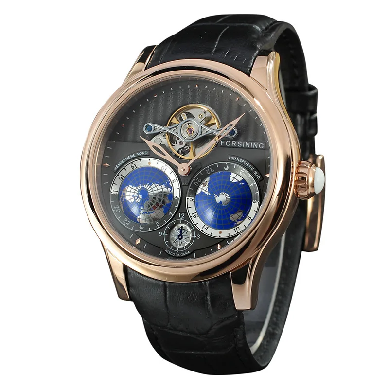 

Forsining Earth Pole Map Leather Belt Steel Case Tourbillon Automatic Mechanical Movement Watch Men, As the picture