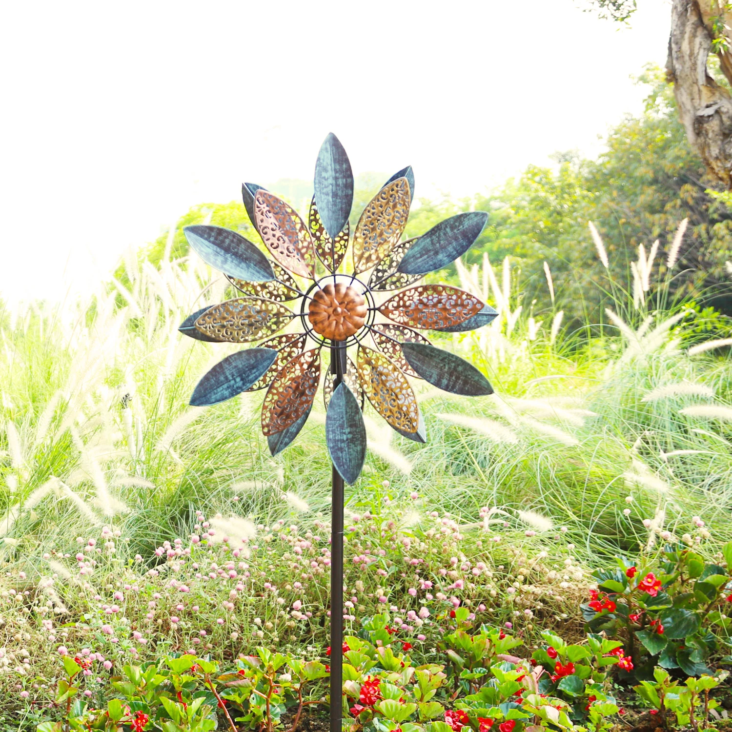 

Bronze and Patina-Colored Solar Garden Spinner With Solar Lighted