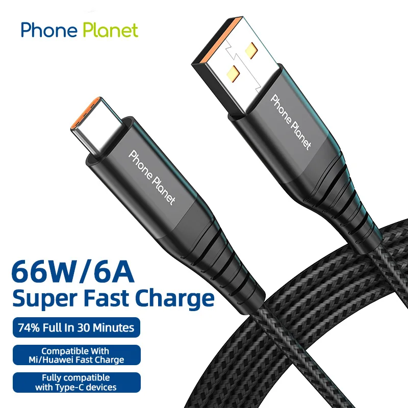 

6A 66W Super Fast Charger USB Cable Compatible With All Type C Phone For Samsung Huawei Xiaomi Oneplus Macbook pro