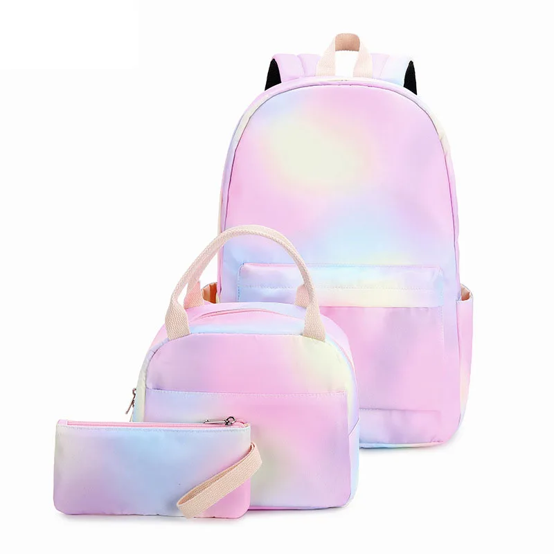 

Fashion Rainbow Gradient Color Backpack Polyester High Quality School Bag 3 Piece Set for Girls School Backpack, Pink