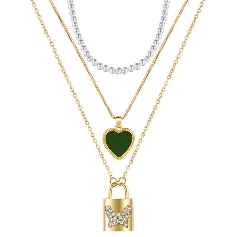 

ROXI brass jewelry 3pcs necklace set pearl lock heart enamel gold plated chain stacking necklace