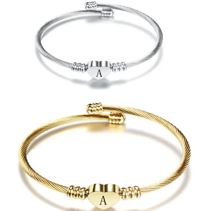 

New Fashion Gold Silver Plated Heart Charm Stainless Steel Bangle 26 Initial Letter Engraved Love Heart Bracelet