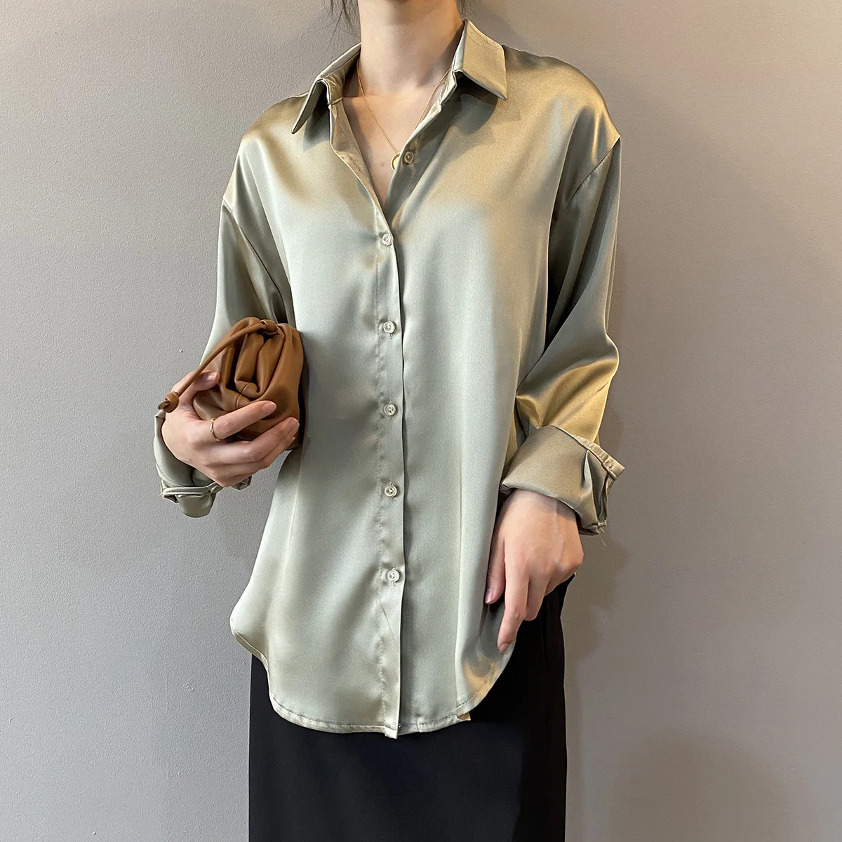 

2021 Korean Pure Color Women Office Shirts Stylish Elegant Satin Silk Shirts Long Sleeve Shirt For Female, White
