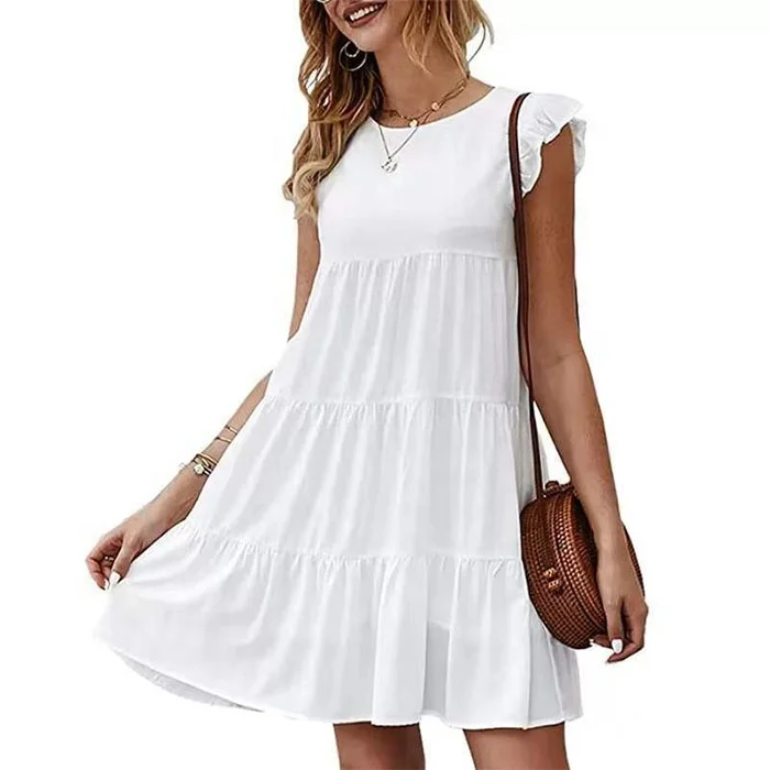 

Free Shipping Hot Sale Elegant Beach Dress Ruffled Sleeve O-neck Dress Women Solid Color Dress, Accept customized color