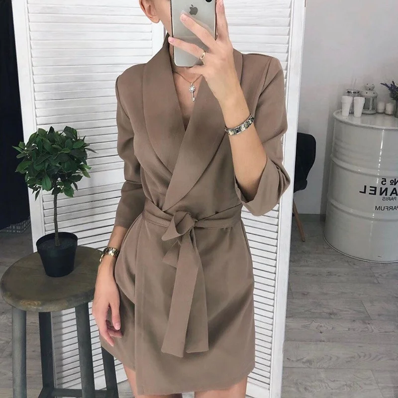 

Office Ladies Casual Belt A-line Evening Dress Lady Long Sleeve Dress 2020 Fashion Short Dress Vestidos