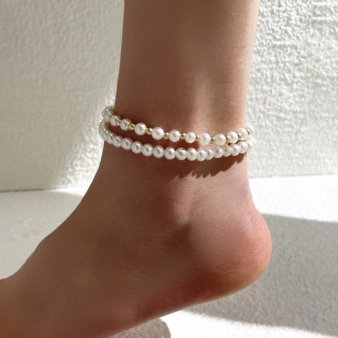 

2Pcs Women's Retro simple pearl anklet set, Gold