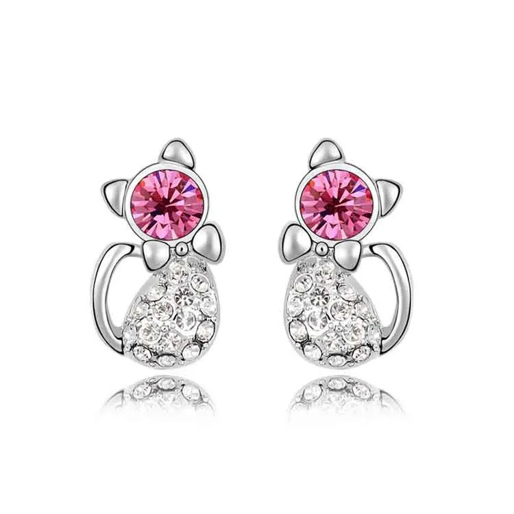 

Cute animal cat fashion gold crystal diamond stud earrings for women 2020 jewelry, Pink,purple,blue,white