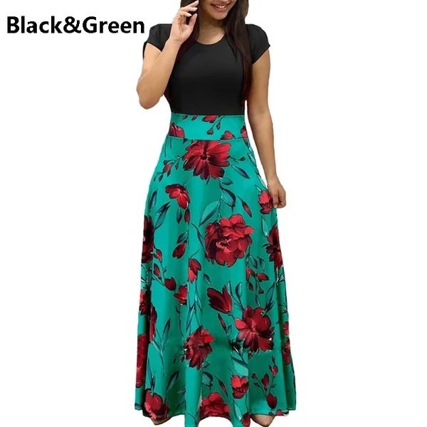 Women Sexy Bohemia Strips Floral Printed Long Sleeve Maxi Dresses Lady Casual Wear Dress