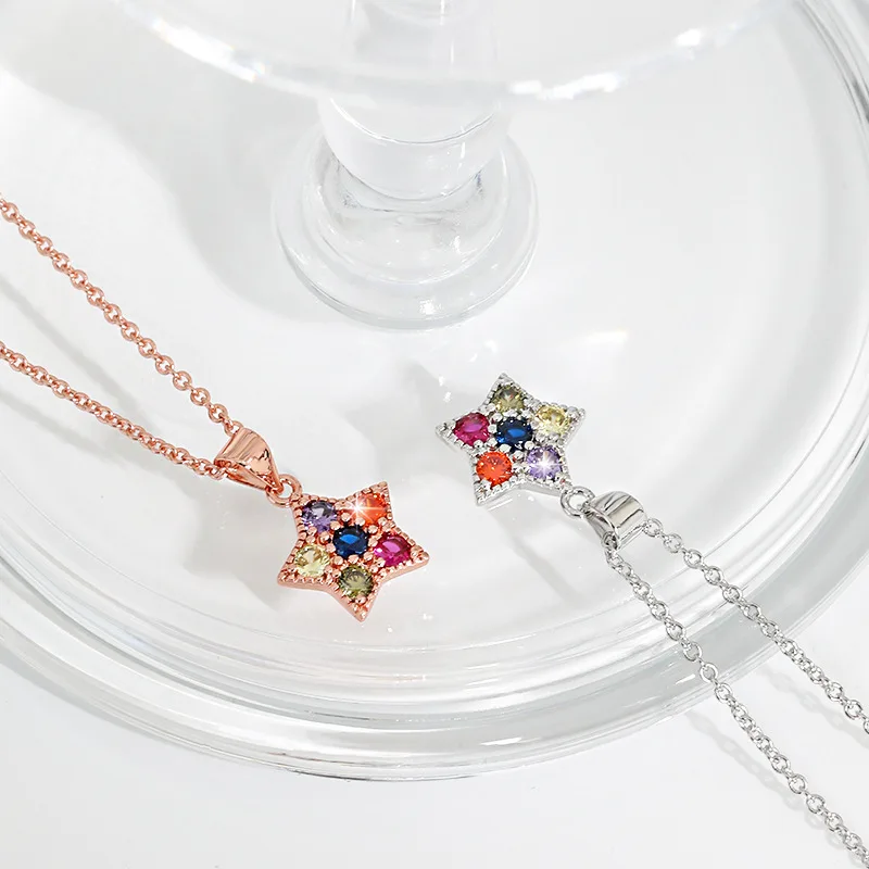 

Rainbow Cubic Zircon Star Pendant Necklace Rose Gold Silver Diamond Star Necklace for Women Girls