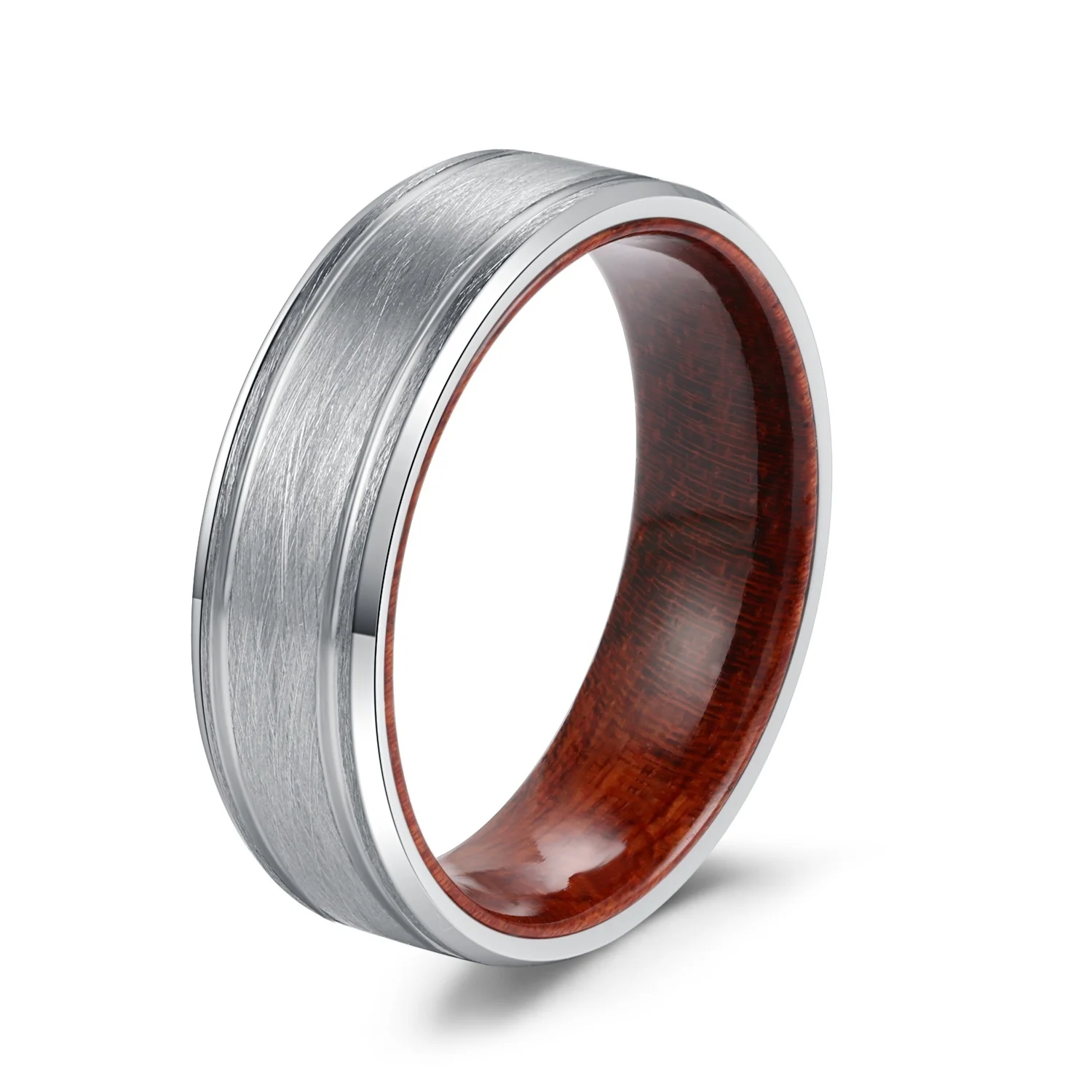 

POYA Vintage Tungsten Rings Inlay Rose wood Sleeve 8mm Silver Brushed Finished Wedding Band For Men