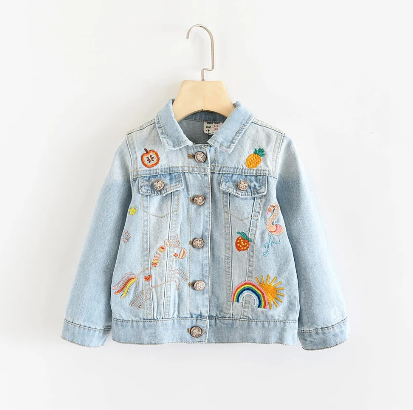 

Girls autumn fall winter oversized light blue denim jacket coat with flower fruit embroidery
