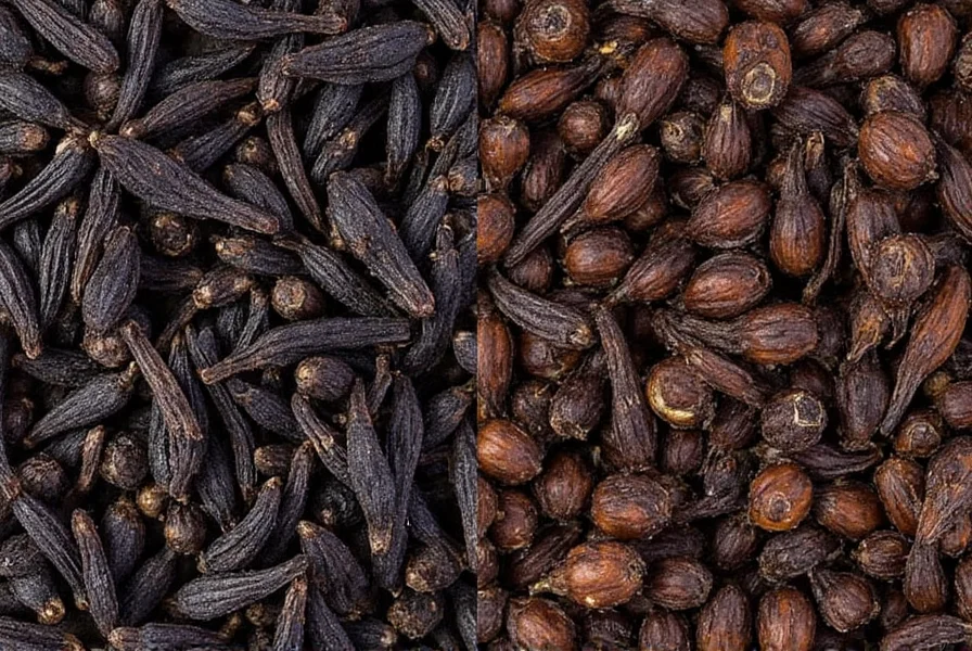 Close-up comparison of black clove versus regular clove showing color differences and physical characteristics