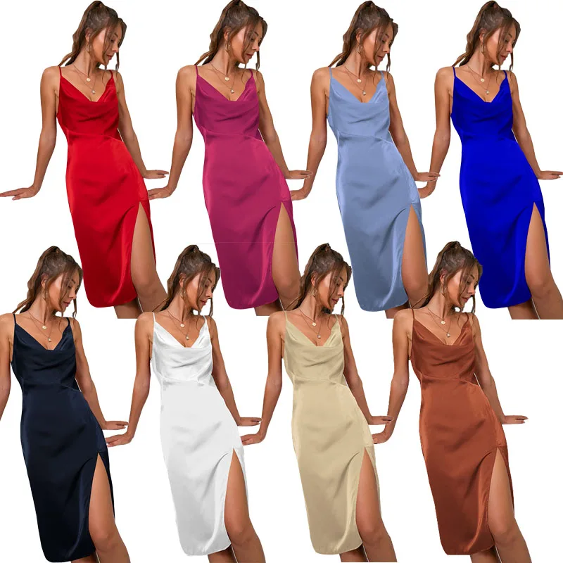 

Women Spaghetti Strap Backless Elegant Red Satin Split Bodycon Occasion Party Club Sexy Dresses