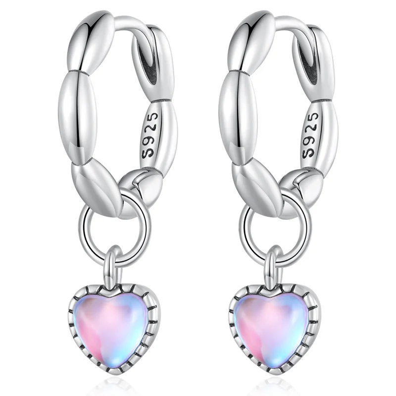 

925 Sterling Silver Colorful Heart-shaped Moonstone Ear Buckles Pave Setting CZ for Women Fashion Fine Jewelry