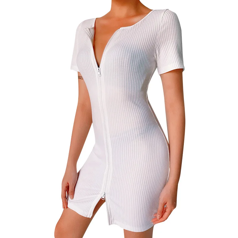 

2020 New Arrival High Quality Women sexy short sleeve zipper solid color bodycon ladies casual dresses