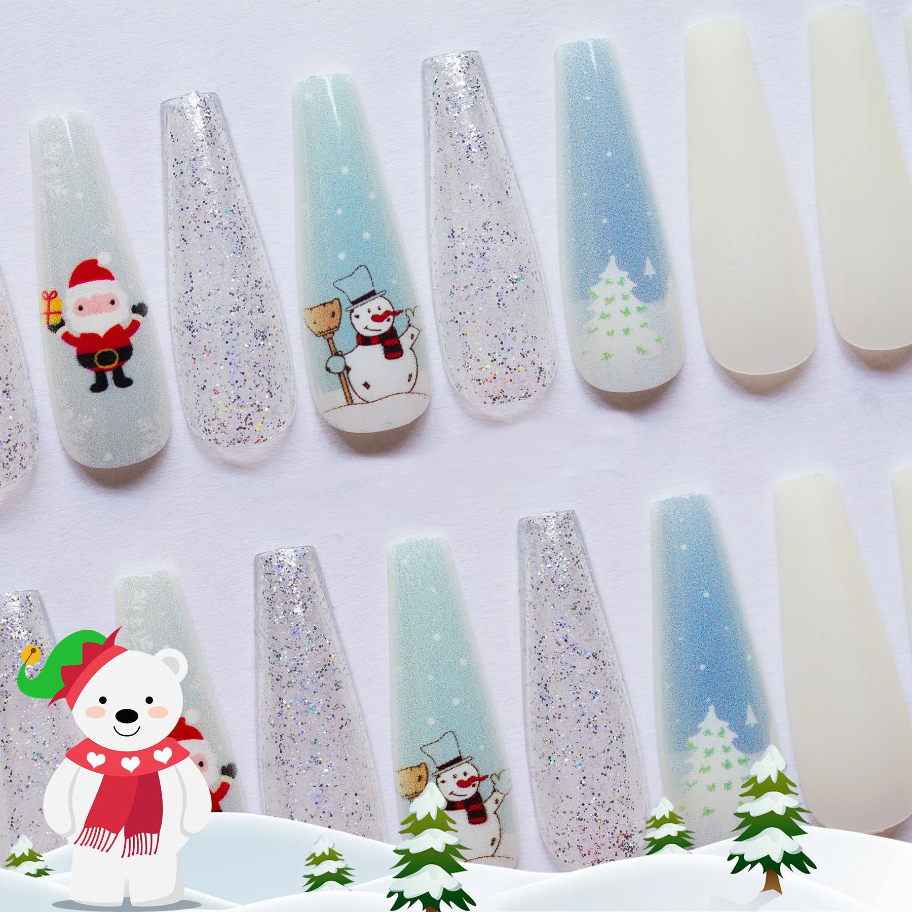 

24pcs White False Nail Christmas Snowman Print Long Ballet Nail Wearable Artificial Fingernails