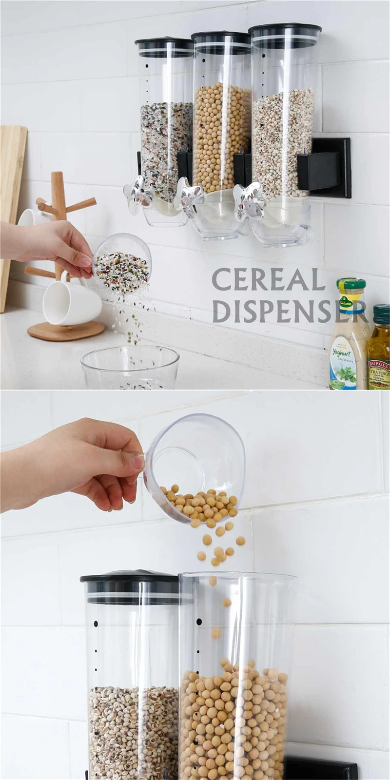 Kitchen Double/Triple Wall Mounted Cereal Dispenser Dry Food Storage Container 