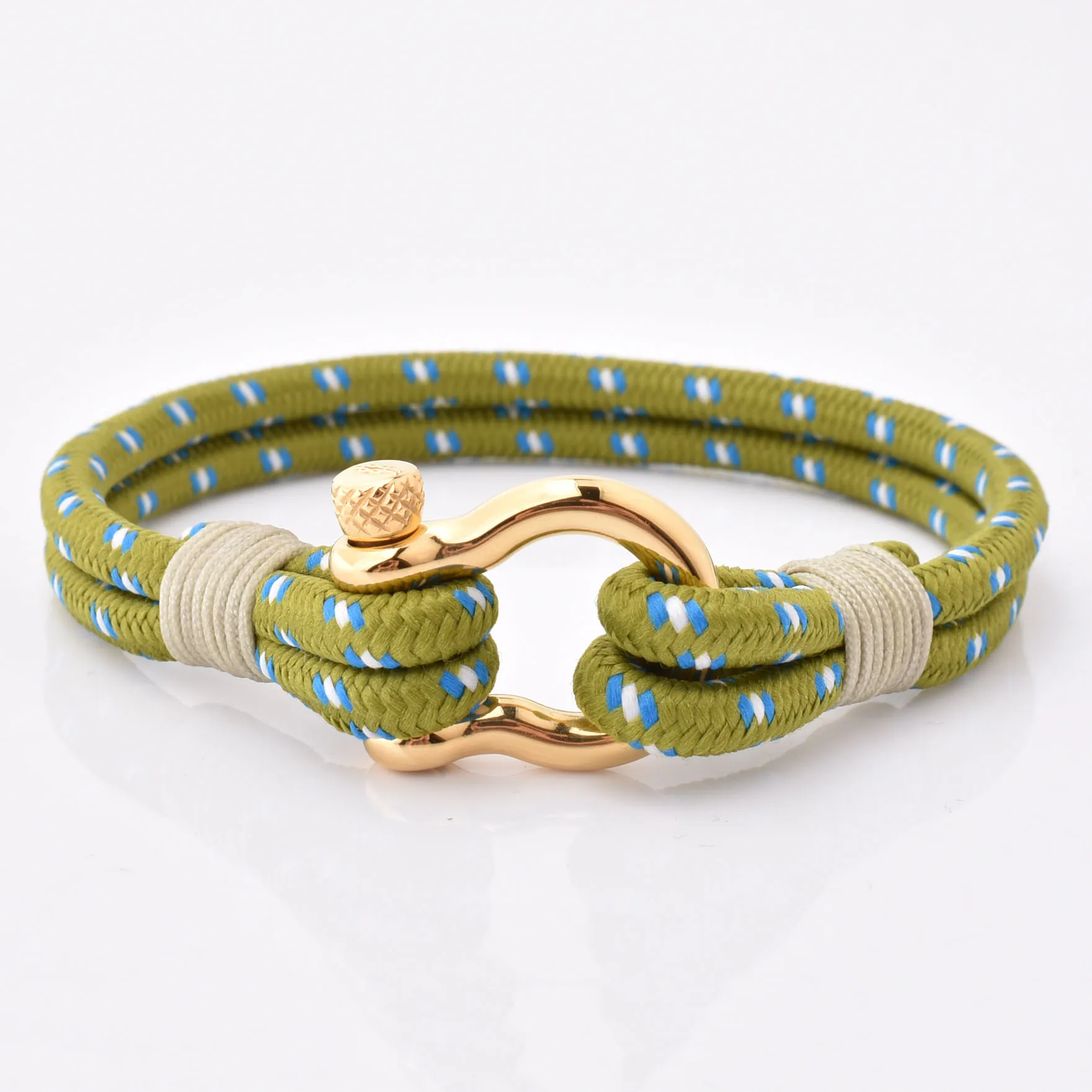 

Fashion Custom Jewelry Braided Green Nylon Mens Stainless Steel Shackle Bracelets