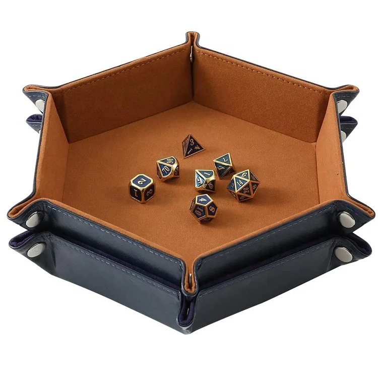 

Ready To Ship Custom Rolling Hexagon Table Games DND Dice Storage Box Double Layer Pu Leather And Velvet Folding Dice Tray