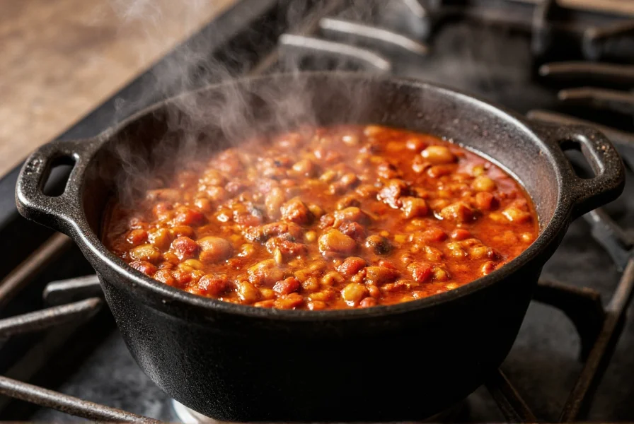Cast iron pot simmering chili on stove with steam rising and rich red color