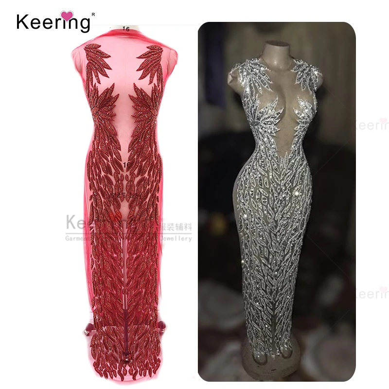 

Designer full body rhinestone panel applique sewing on mesh for lace fabric on wedding WDP-076-3, Red ,green,silver and nude mesh