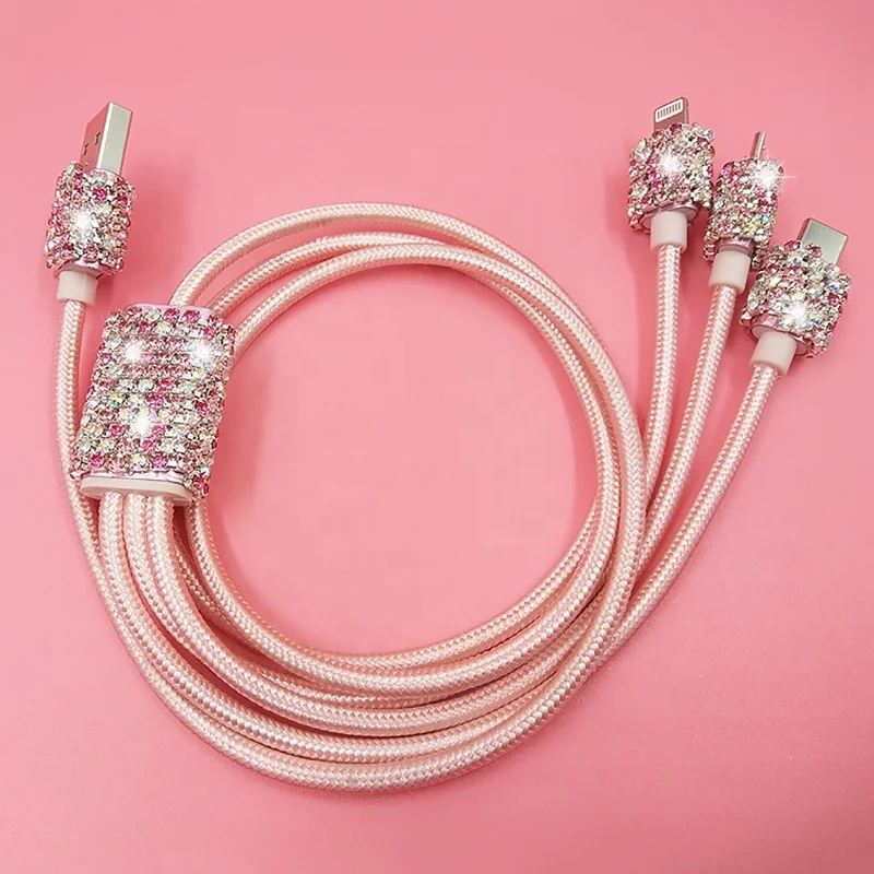 

Rose Gold Bling Nylon Braided 1M USB Micro Type C 3 In 1 Diamond Rhinestone Cable Charger For iPhone